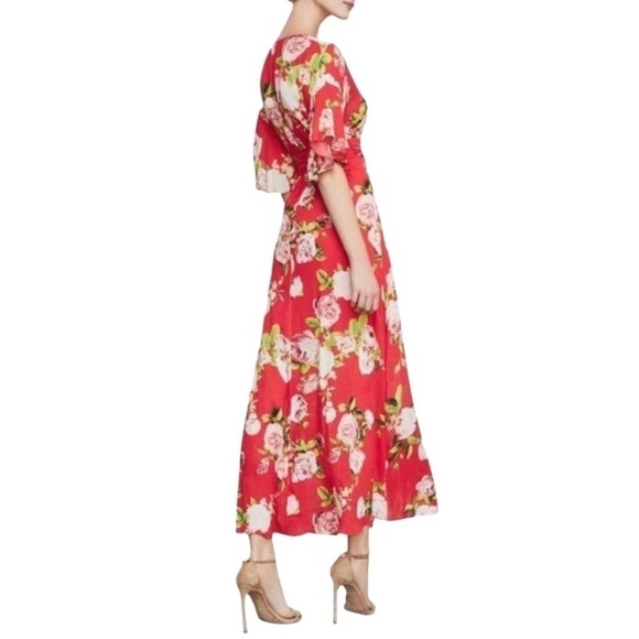 BCBG Red Floral Short Sleeve Flutter Sleeve Wrap Maxi Dress - Size M - Picture 2 of 6